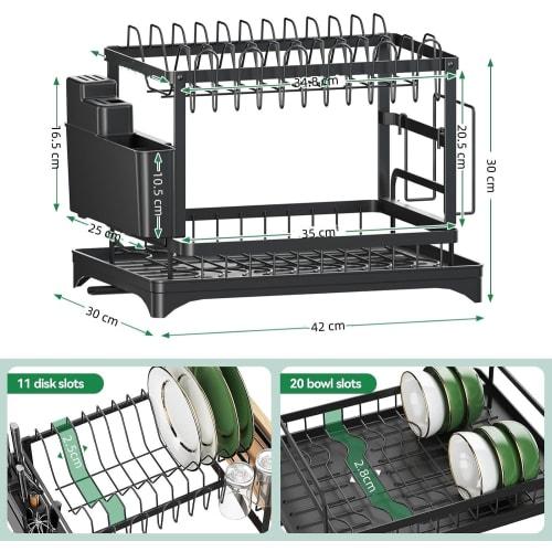 FUMITT Dish Drainer, Rust-Proof, Slim Dish Storage Rack - Large Capacity Kitchen Utensil, Multifunctional, Easy Assembly (Black, Automatic Drain [2-Ti
