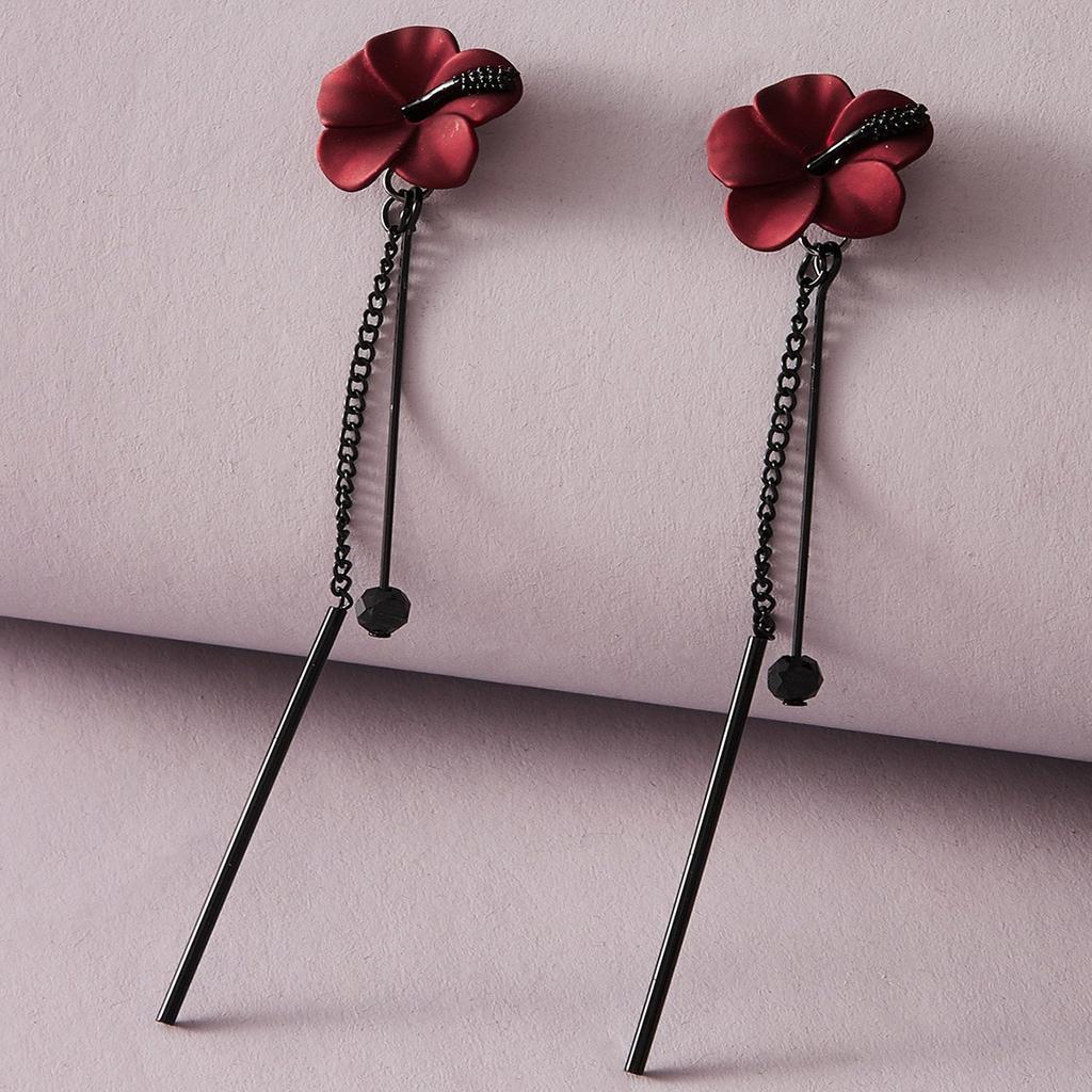 Ladies' Retro Red Rose Earrings, Tassel Long Hanging Pendant Earrings, Versatile Jewelry Accessories For Temperament
