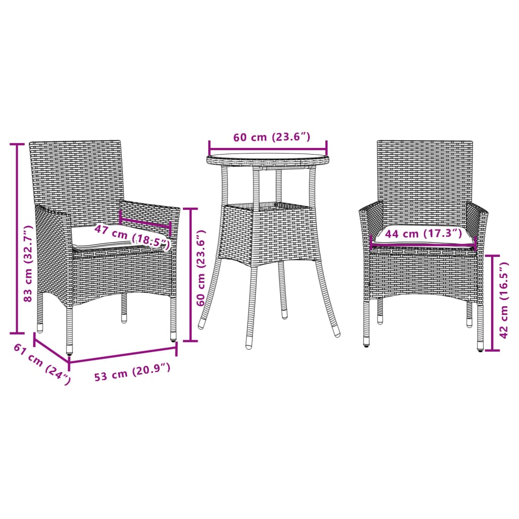 Vidaxl 3-Cz. Garden Furniture Set With Cushions, Black, Poly Rattan