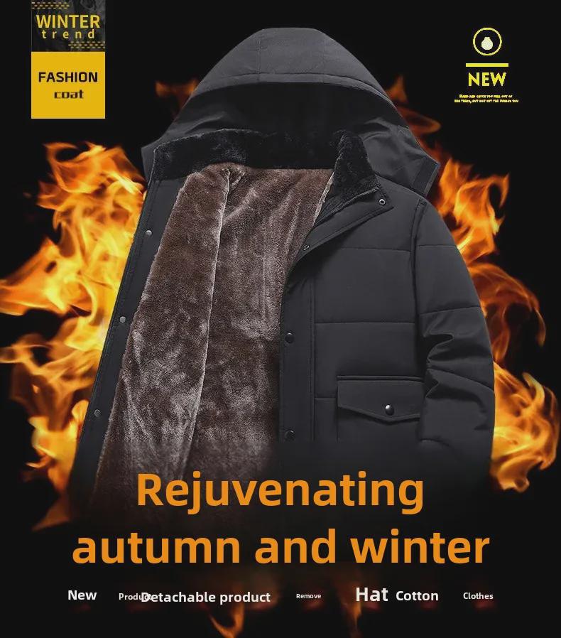 Men's Hooded Winter Cotton Coat: Warm, Thickened, Versatile, Medium-Long Jacket for Middle-Aged & Elderly