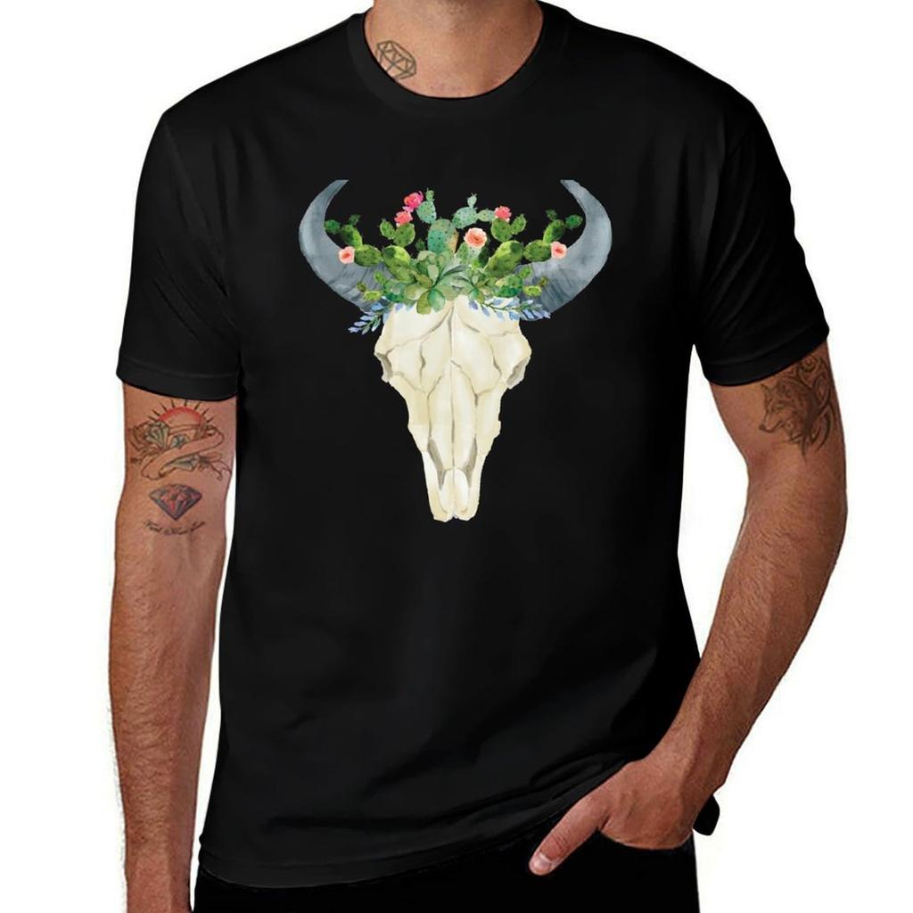 Bull skull with cacti crown hand painted watercolor TShirt Utility Casual Work TShirt