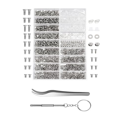 DFsucces Machine Screw Kit, 1000-Piece Set, Stainless Steel Small Screws and Flat Washers for Repair and Maintenance, Eyeglass Repair, Watch Repair, T