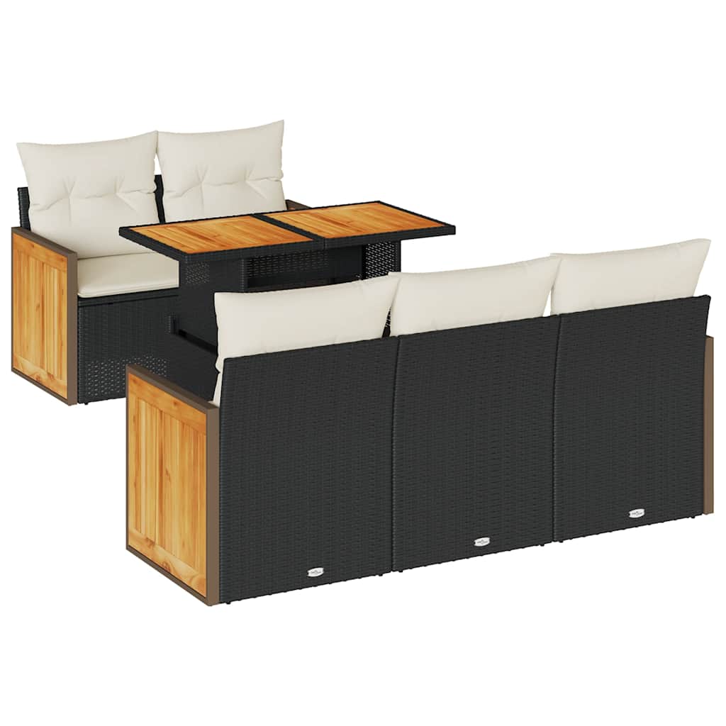 Vidaxl 6-Cz. Furniture Set With Cushions, Black, Poly Rattan And Acacia