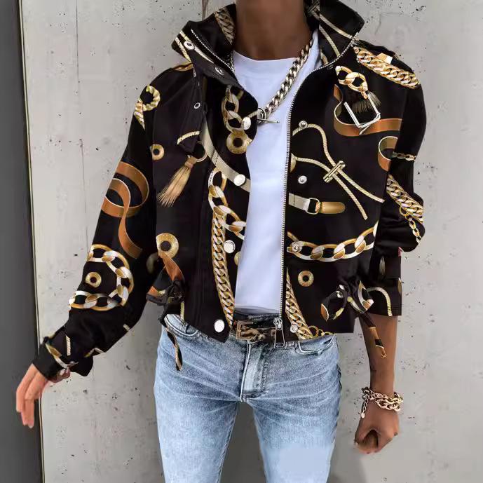 Cross-border foreign trade 2025 Amazon autumn and winter new women's clothing button zipper polo collar printed short casual coat