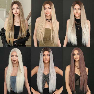 Damen-Extralange Gerade Blonde Perücke Mittelscheitel Nordisches Ombré Farbe Europäischer und Amerikanischer Stil Synthetische Vollperücke