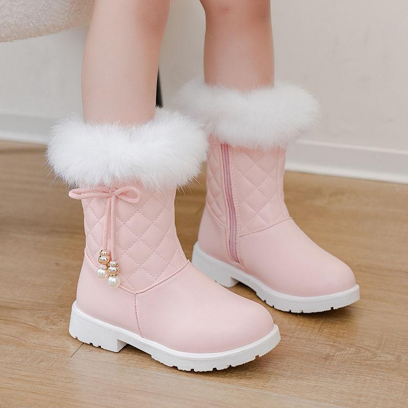 Dívčí módní zateplené princeznovské kozačky zimní dětské kozačky do půli lýtka sněhule