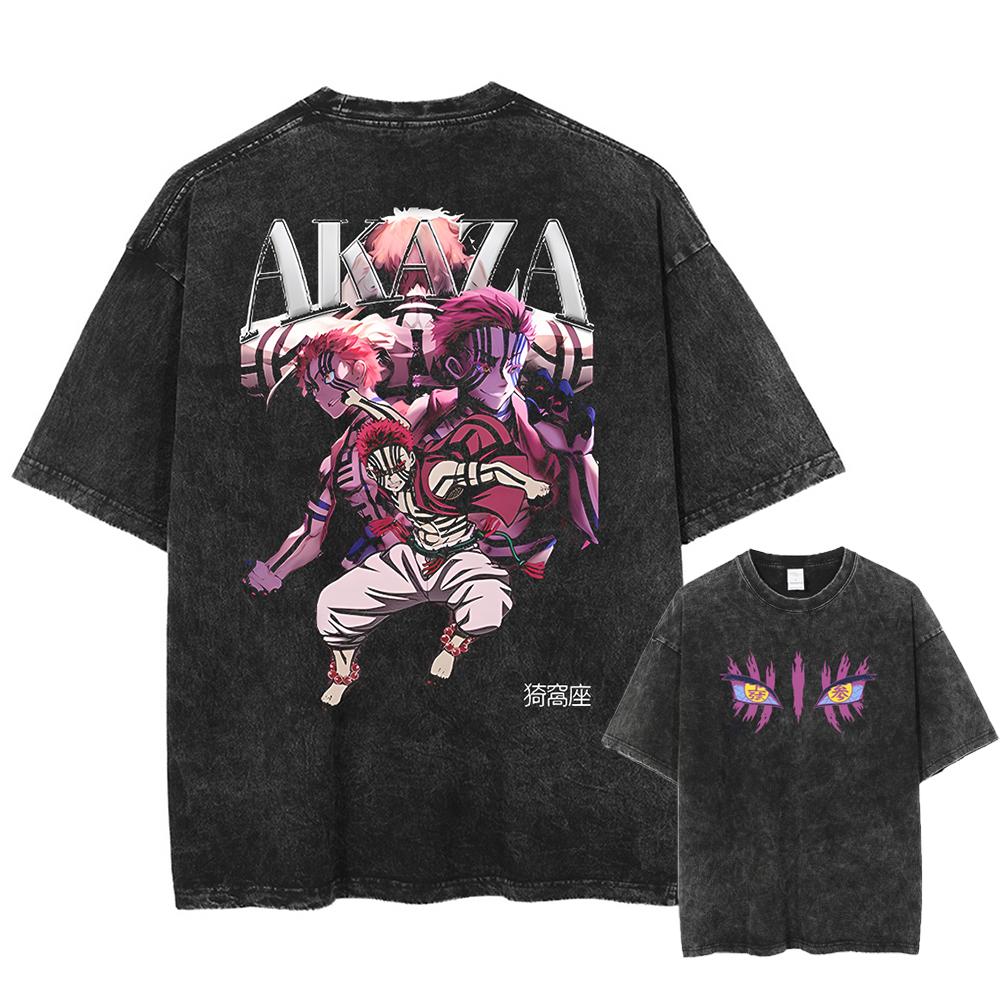 Men Streetwear Summer Rengoku Kyoujurou Top Tee Harajuku Anime Demon Slayer Printed T-shirt Vintage Washed Oversized Tshirt