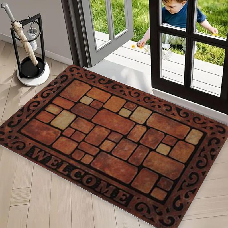 Vintage Stone Mosaic Welcome Print Doormat, Non Slip Entrance Rug, Durable Washable Floor Mat for Front Door Porch Patio Decor