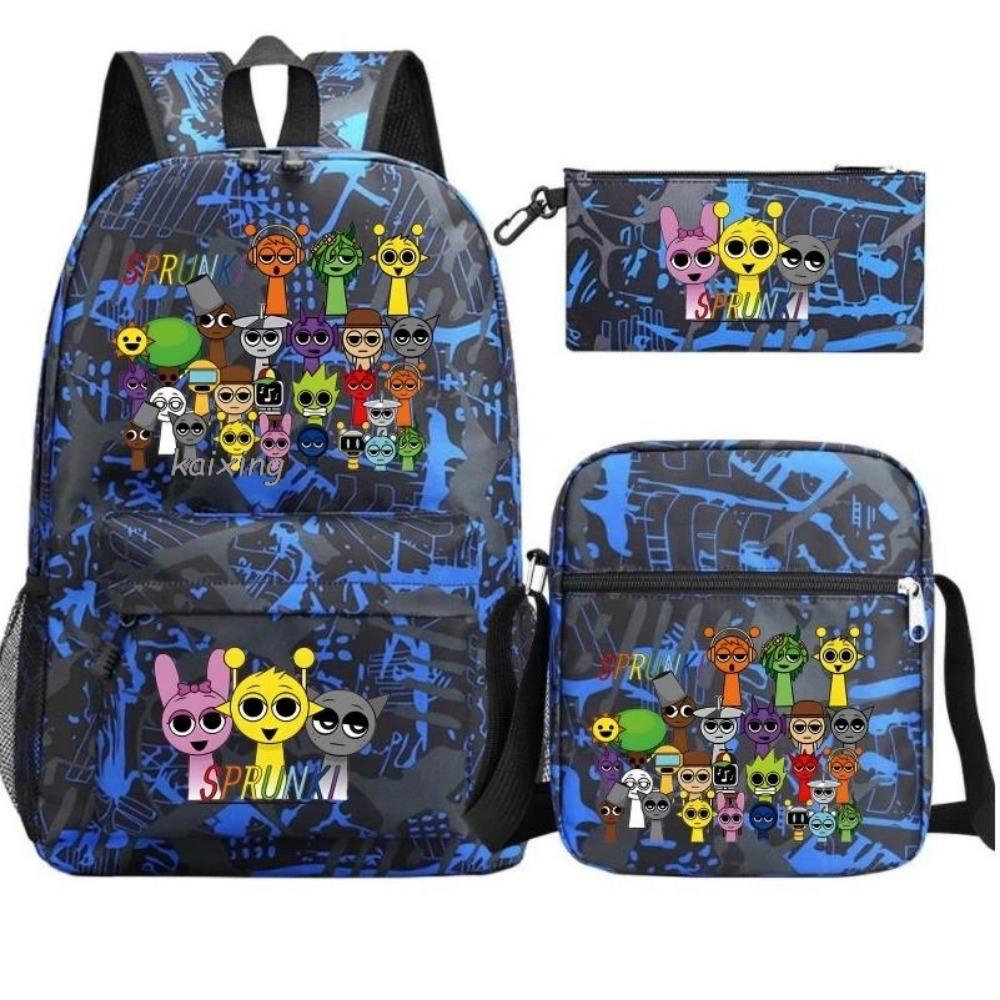 3 st Nytt Sprunki Anime-tryck Ryggsäcksset, Med Tote och Pouch, Stor Kapacitet Lättviktig Och Andningsbar Utomhusryggsäck