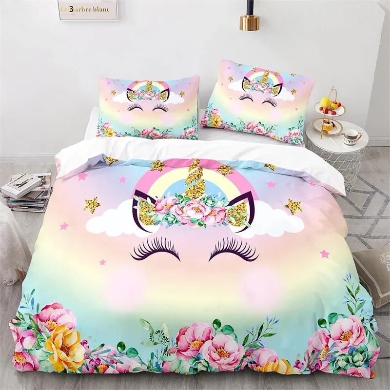 Cartoon Unicorn Floral Rainbow Girl's Eyelash Comfortable Duvet Quilt Cover Pillowcase Bedding Set Children Bedroom Home Textile