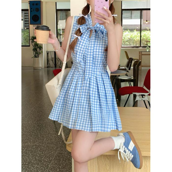 French fresh and sweet blue sleeveless plaid dress summer Japanese new bow temperament pleated short skirt