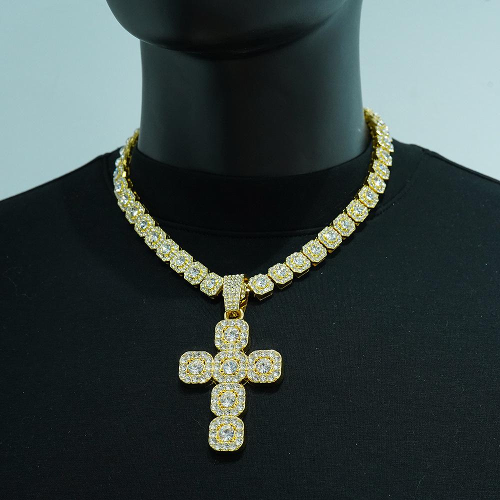 Wish Personality Big Diamond Cross With Cuban Chain Men'S And Women'S Pendant Hip Hop Rap Necklace