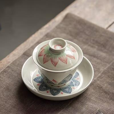 Lotus Sancai Gaiwan Blue And White Teacup Large Ceramic Kung Fu Tea Set Retro High-End Single Tea Bowl