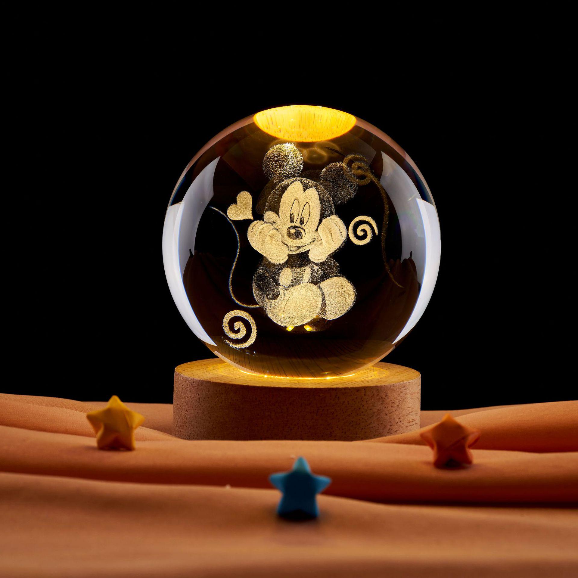 3D Anime Mickey Carving Crystal Ball Ornament – Cartoon Night Light, Souvenir Gift, Desktop Display Stand for Graduation