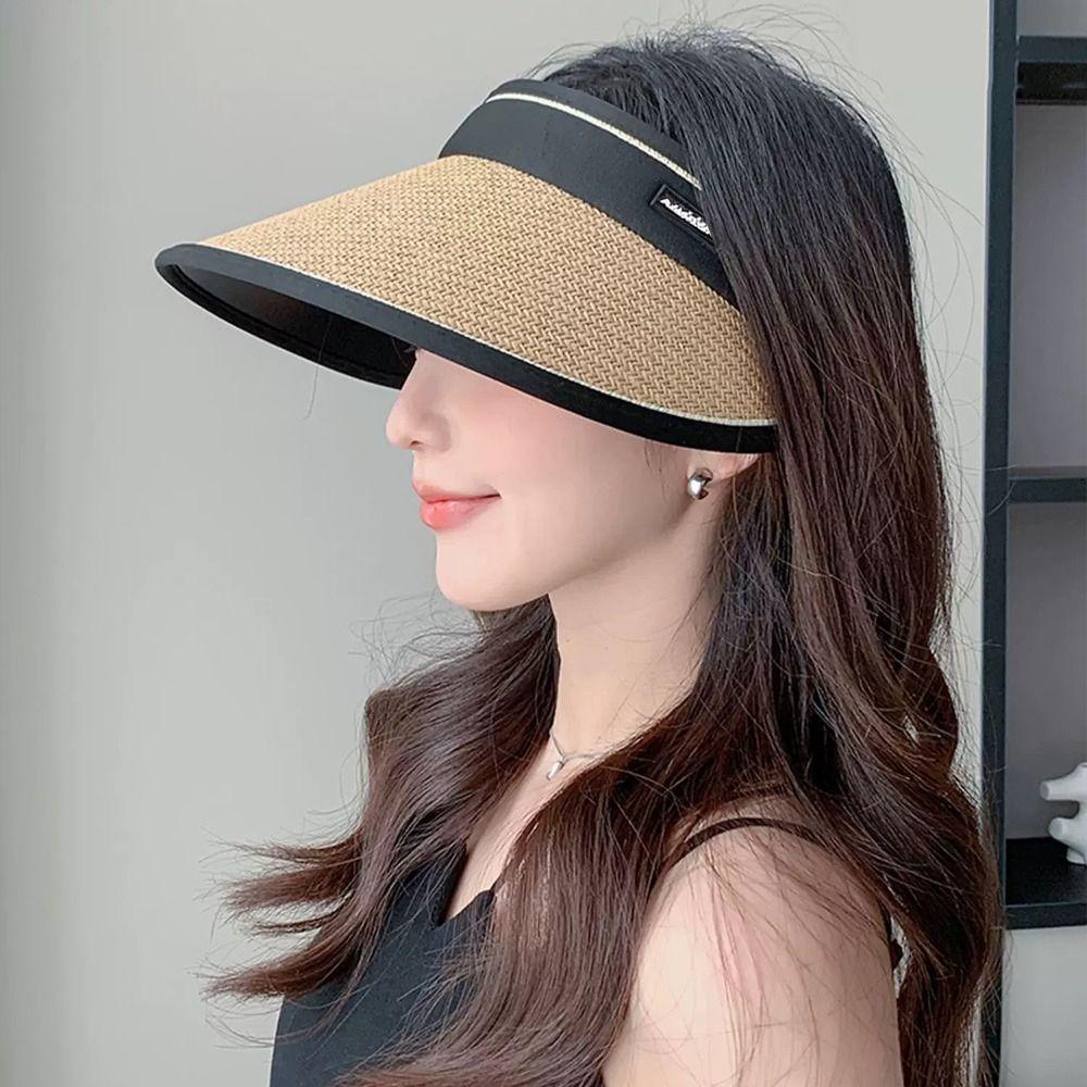 Hollow Straw Wide Brim Hat Woven Straw Beach Hat Visor Design Sun Hat  Casual Wear