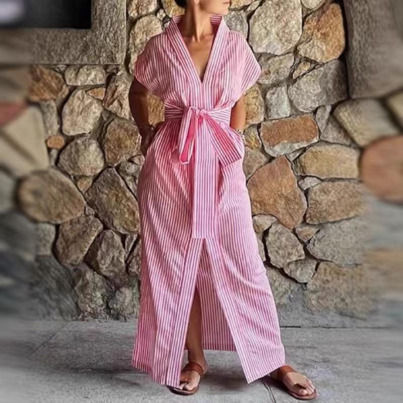 Women s Elegant Striped Tie-Waist Short-Sleeve Shirt Dress 2025 Small розовый