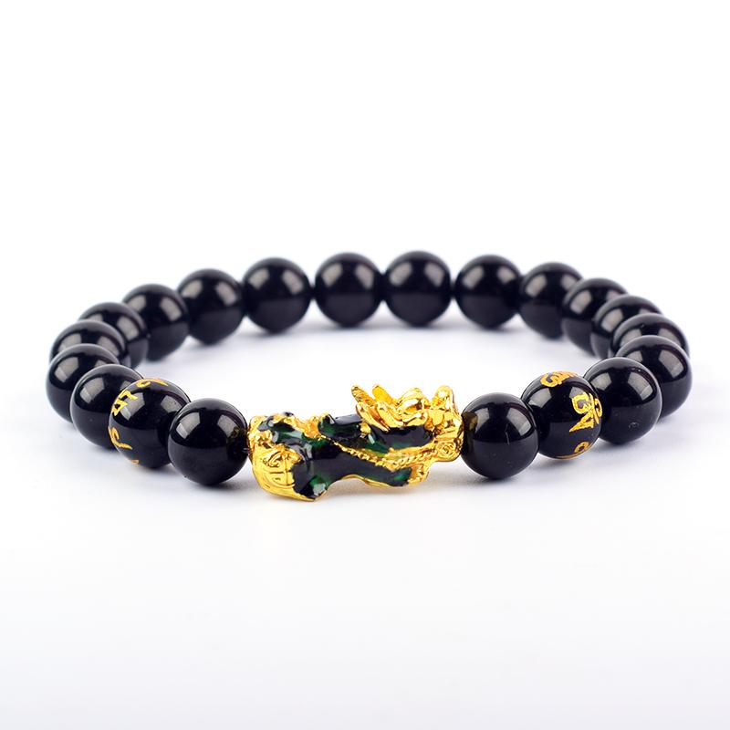 Pixiu Armband Feng Shui Rijkdom en Geluk Armband Heren Polsband Goudkleur Obisidiaan Steen Kralen Zwart Zes Karakter Cadeau