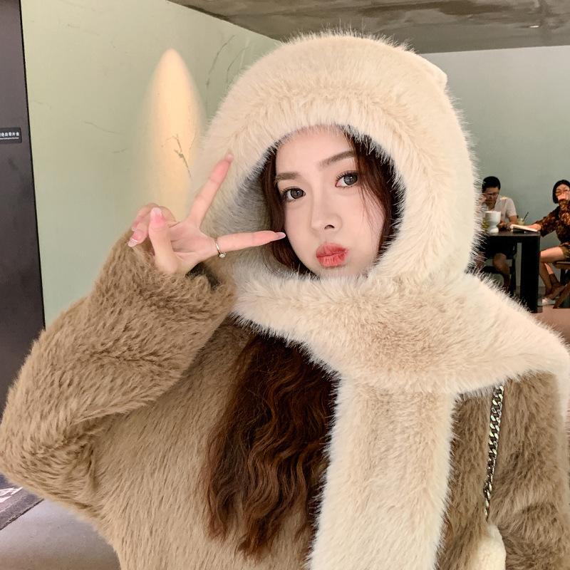 

Плюшевая теплая шапка-медведь, шарф, комплект из одного предмета, ветрозащитная шапка для защиты ушей при езде на велосипеде, утолщенная и универсальная для зимы