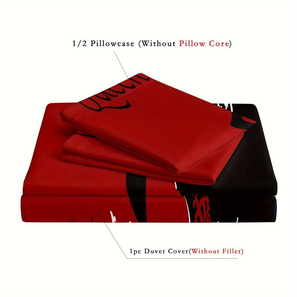 Dark Red And Black Three-Piece Bedding Set with Queen & King Size Featuring Printed English Letters On The Duvet Cover