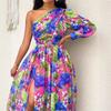 New fashion off-the-shoulder long lantern sleeves, printed dress women's clothing
