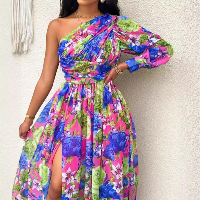 New fashion off-the-shoulder long lantern sleeves, printed dress women's clothing