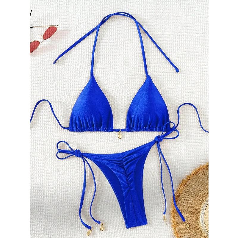Sexy Pure Color Bikini Set with Strap Ne Hanging Pad Metal Bule Two-Piece Swimsuit Triangular Design Polyester Nylon Mate...