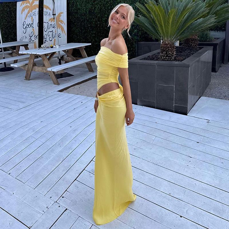 European and American New 2026 Temperament Sexy Solid Color One-word Neck Mesh Waist Slim-fitting Pleated Dress Wholesale