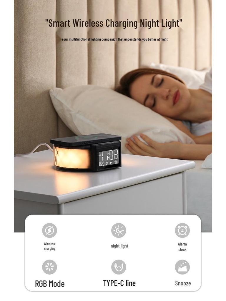 Multifunctional Wireless Charging Bedside Lamp with Perpetual Calendar, LED Night Light, Alarm Clock, and Color Atmosphere Lighting