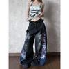 Damen High-Waist Zerrissene Patchwork Graffiti Denim Jeans Lockerer Schnitt Streetwear Hip Hop Hosen