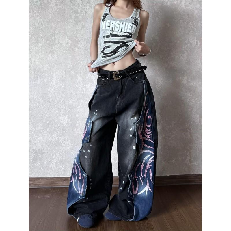 Damen High-Waist Zerrissene Patchwork Graffiti Denim Jeans Lockerer Schnitt Streetwear Hip Hop Hosen