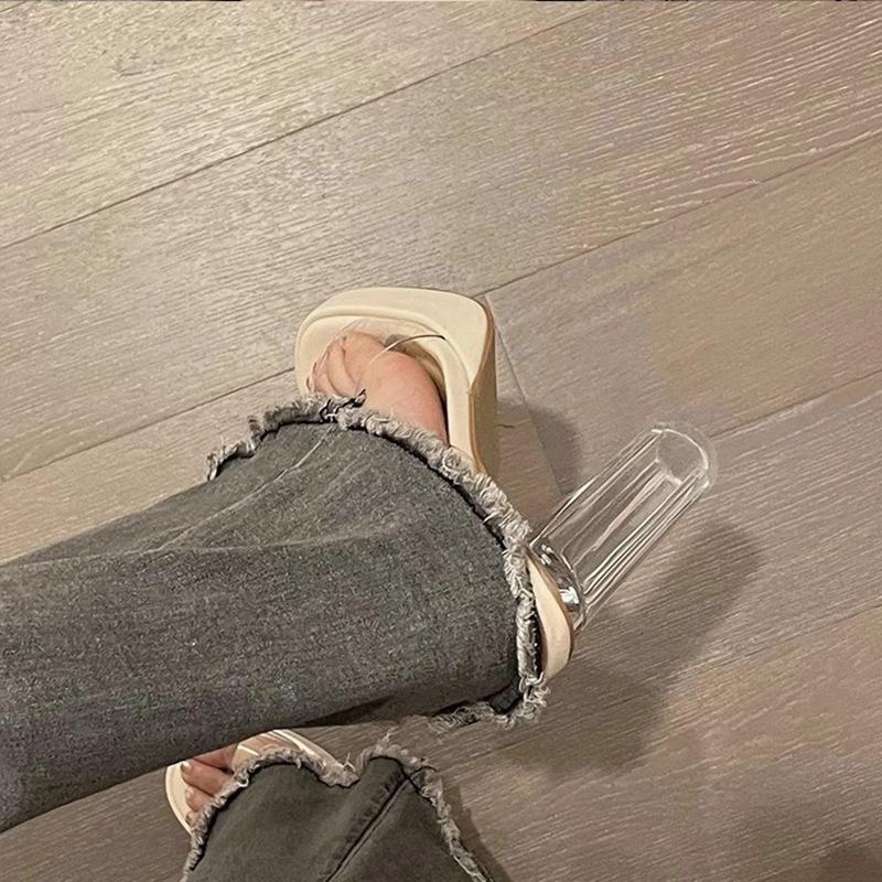 Summer new open-toed transparent word with waterproof table slippers women's simple crystal thick heels high heels sandals
