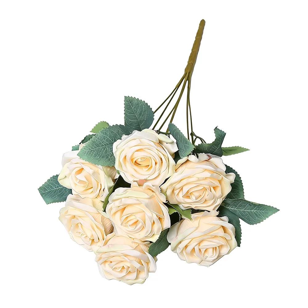 7 Heads Rose Artificial Flower Multicolor Rolled Edge Faux Flower Photo Props Green Leaves Flower Bouquet Wedding Ornament