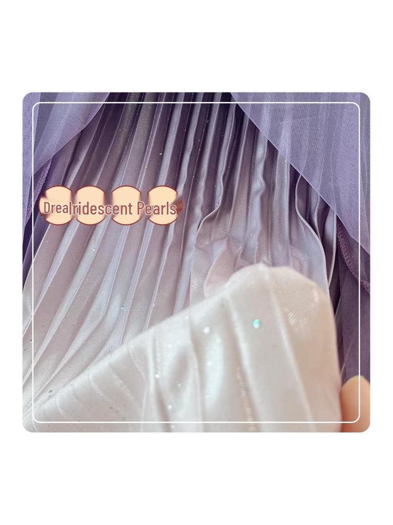 Women's Starry Sky Gradient Pleated Mesh Skirt 2026: Fashionable Slimming Long Skirt with Large Hem