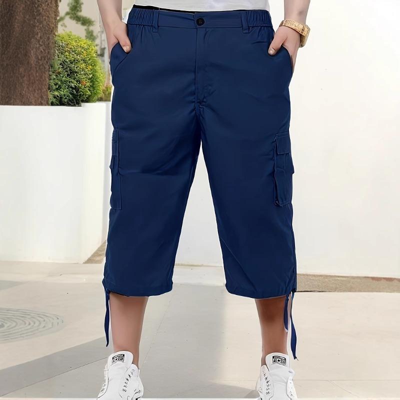 Summer Men's Black Cargo Capri Pants Multi-Pocket Elastic Waist Casual Knee-Length Shorts