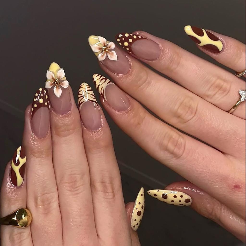 24Pcs Dark Press on Fake Nails with Black Glitter 3D Metallic Designs Sweet Cool Almond False Nails Detachable Nails Spice Girls