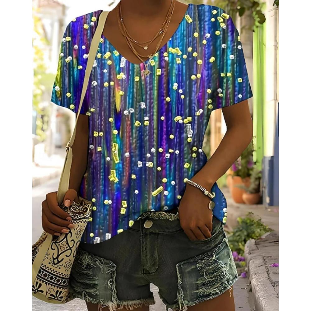 Summer V-neck 3D Vintage Floral Pattern Printed Top Fashionable Casual Colorful Short Sleeved Women's T-shirts