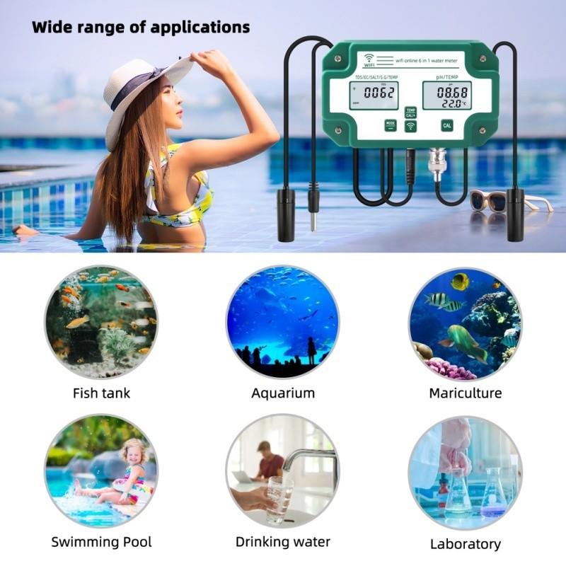 6-in-1 Multifunction Smart Water Quality Monitor Mariculture Aquarium Digital PH EC TDS SAL S.G.Temp Meter Water Testing Device