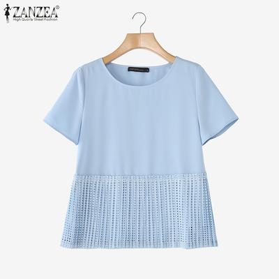 Women Casual Round Neck Summer Patchwork Short Sleeve Blouse