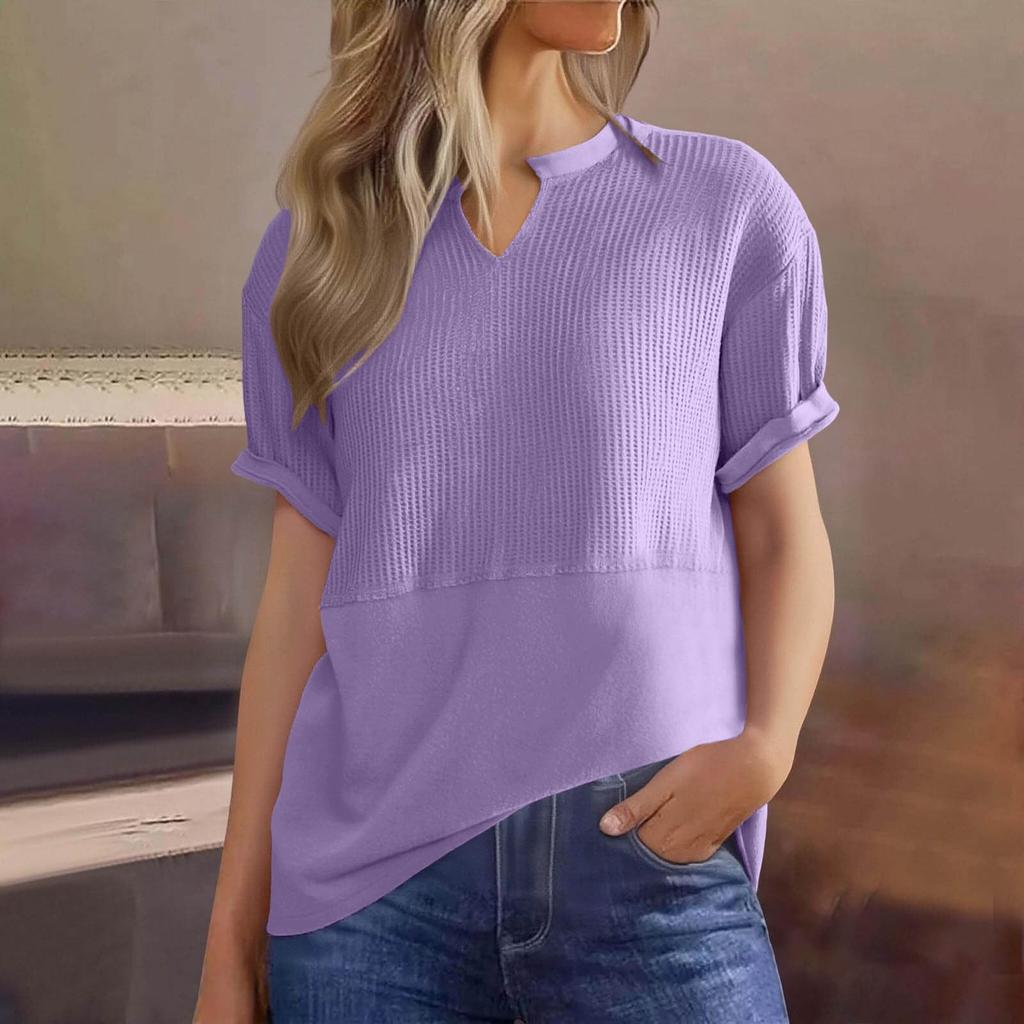 Womens  Knit Tops Casual V Neck Short Sleeve T Shirts Loose Blouses