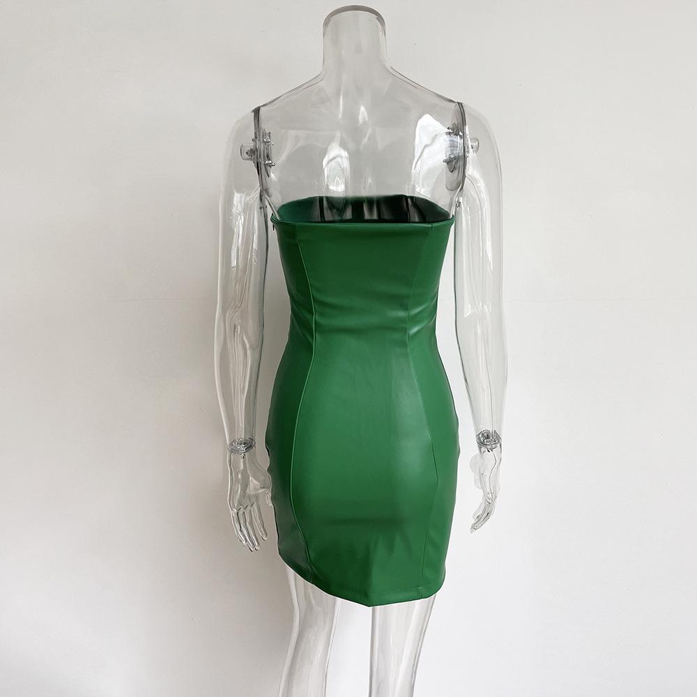 Strapless PU Leather Mini Dress Backless Outfits Summer Night Club Party Bodycon Dresses Sleeveless Solid S-L