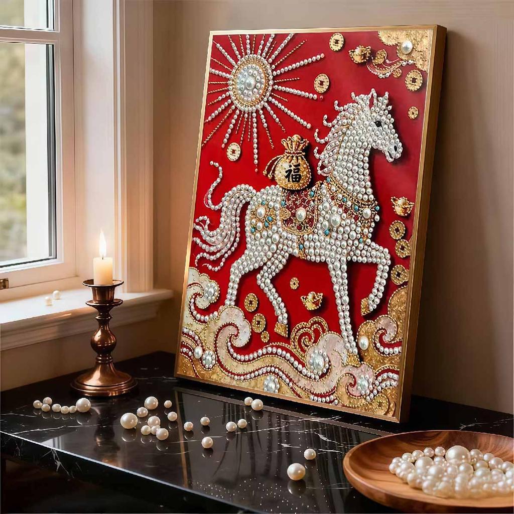 Crystal Pearl Painting 5D DIY Frame Decoration Painting White Horse Home Wall Decoration Transparent Pearl Gemstone Painting Picture Art Crafts
