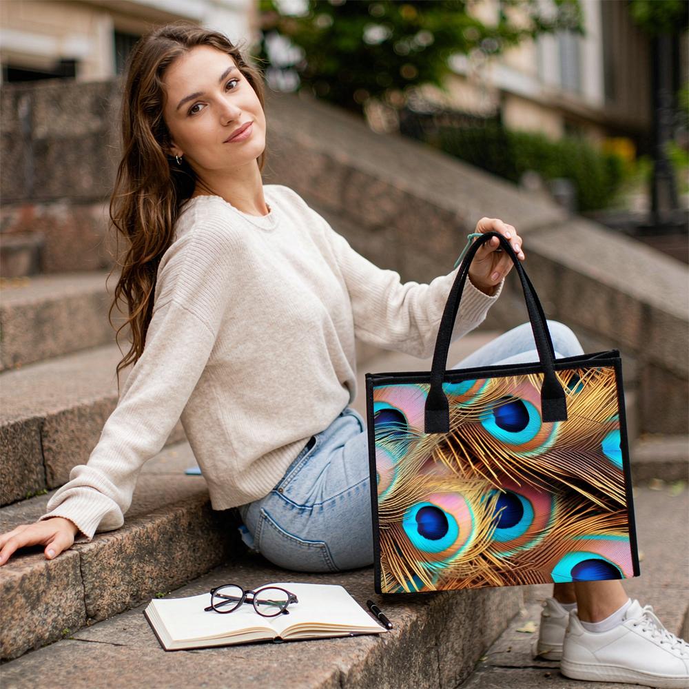 Peacock Feather Pattern Daily Tote Bag Fashion Portable Casual Handbag for Women Outdoor Commute Use