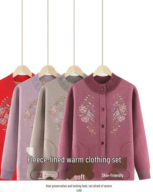Women's Winter Fleece-Lined Cardigan and Sweater Set for Elderly
