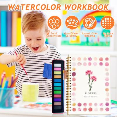 Watercolor Workbook with 12 Colors Pigment Step-by-Step Animal Flower Painting Guide Paper Coloring Book for Learning Techniques Stress Relief