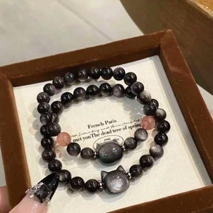 Chinese Style Cat Head Couple Bracelet, Strawberry Quartz & Silver Obsidian Beaded Ornament, Retro Literary Gift