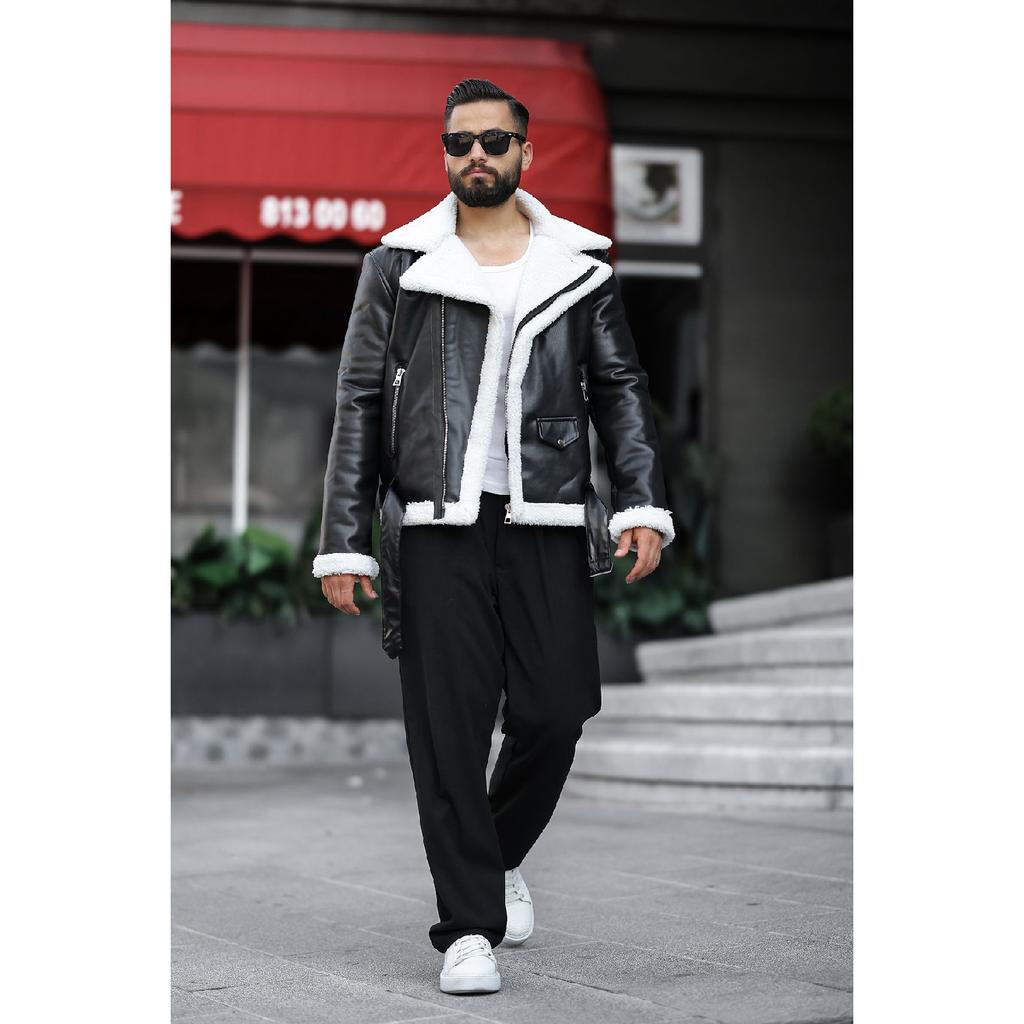 Laminated Leather Double-breasted Coat With Complete Fur Inside