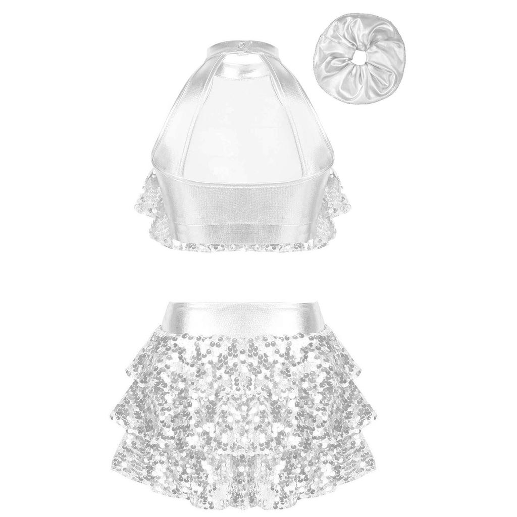 Kids Girls Sparkly Dance Outfit Mock Neck Crop Top Ruffle Culottes with Glitter Hair Band for Competitions