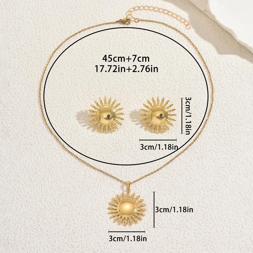 Ladies Flower Necklace Set, Personalized Metal Sunflower Design Pendant Chain Earrings Jewelry Women