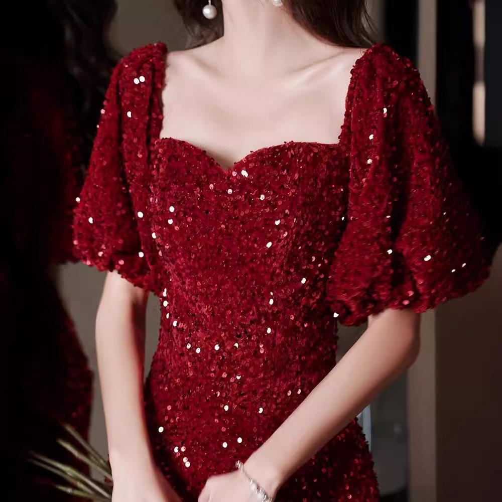 Toast Bride 1011 New Summer Burgundy Engagement Dress Waist Fishtail Sequins Annual Meeting Dress Women