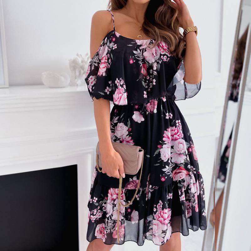 Women's Sling Dress Beach Summer Chiffon Floral Print Off Shoulder Mid Length Casual Dress Elegant Ladies Sweet Dress